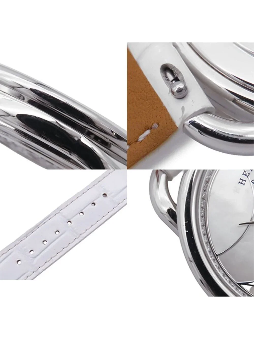 Hermes Arceau White Shell SS Leather Diamond Dial Watch Quartz